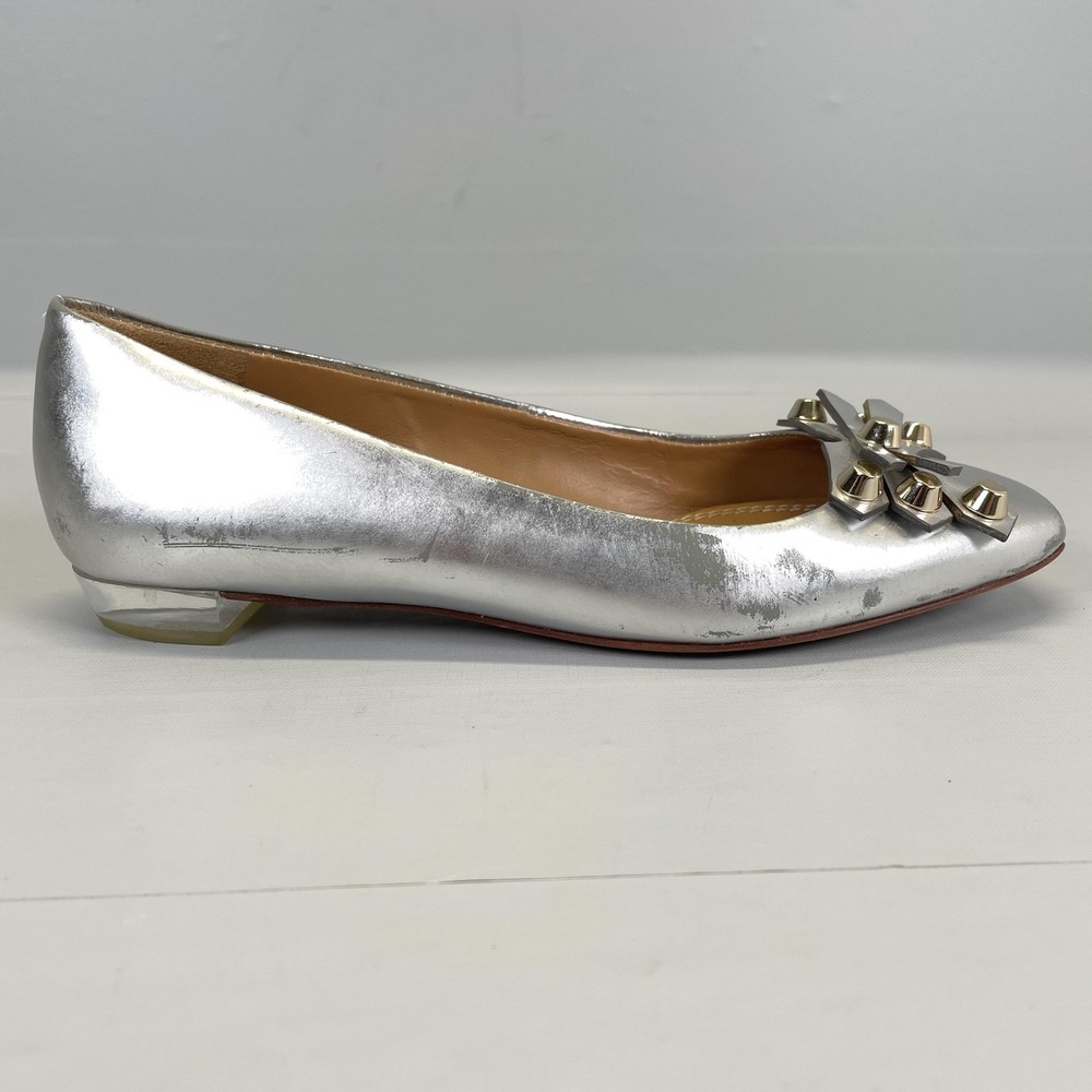 Tory Burch Aurora Ballet Flats Womens Size 6 Metallic Silver Bow Leather Shoes